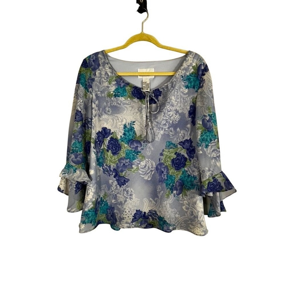 Retro Floral Top Blue 12 Boho Indie Folk Peasant Cottage Feminine Chic Preppy